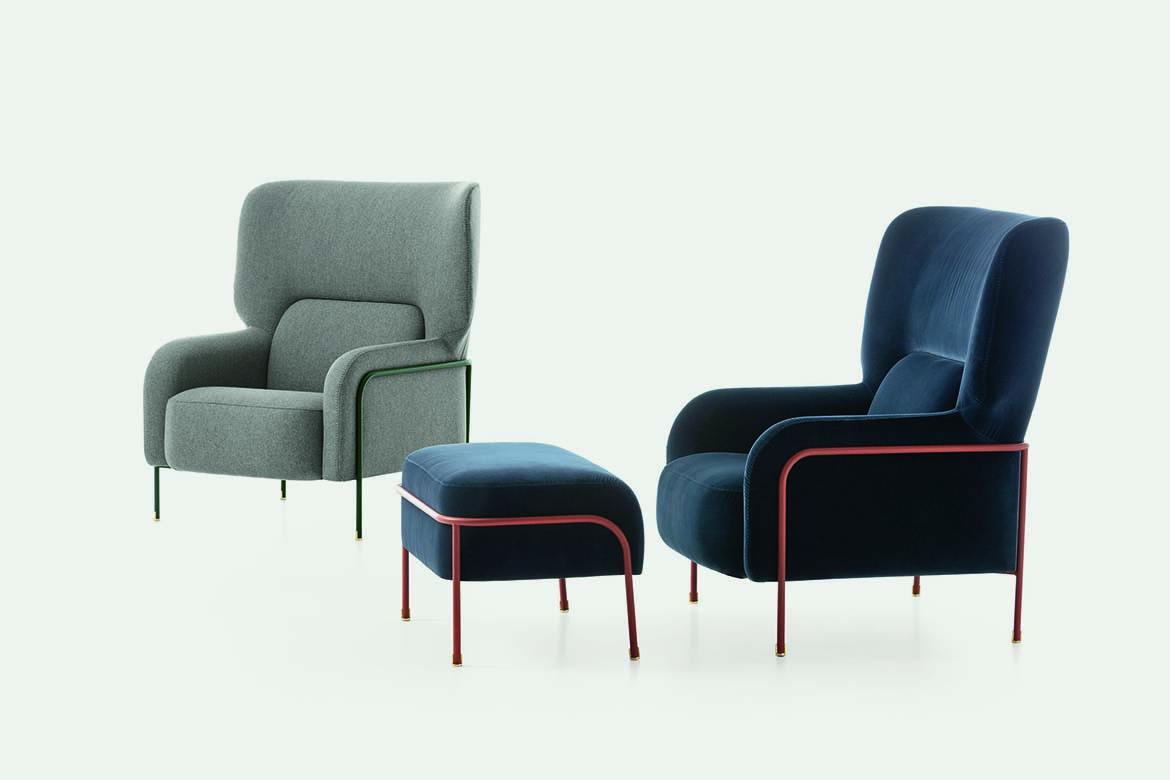 poltrona platea con tessuro blu e grigio design Emilio Nanni per Pianca