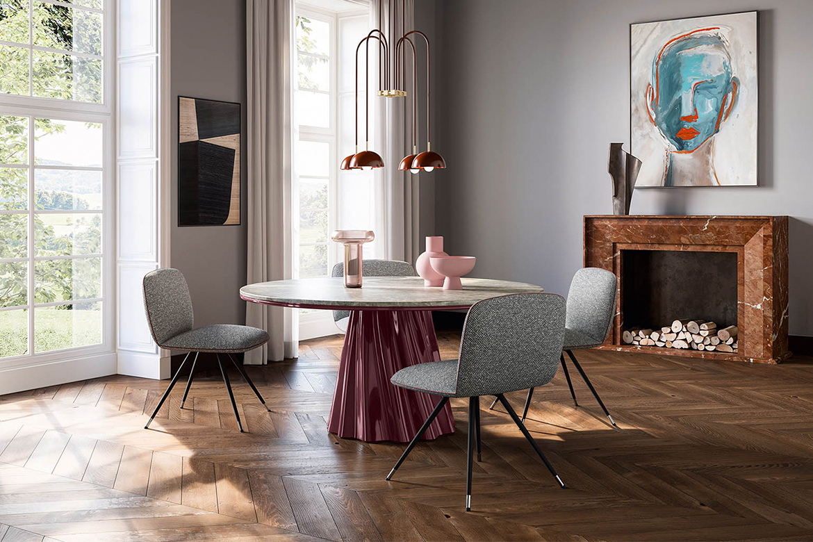 Tavolo Onda Indoor e sedia Clelia Pianca di Pier Luigi Frighetto, forme fluide e scultoree per living moderni